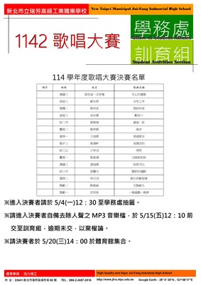 114瑞工盃歌唱大賽決賽名單圖片