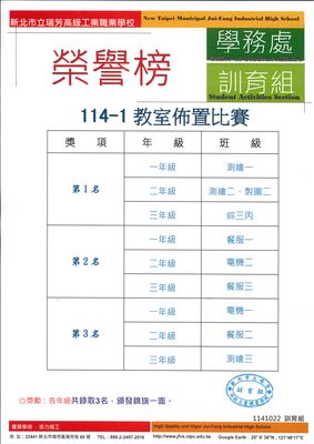 114學年度第1學期教室佈置比賽榮譽榜(學務處2025/10/22)圖片