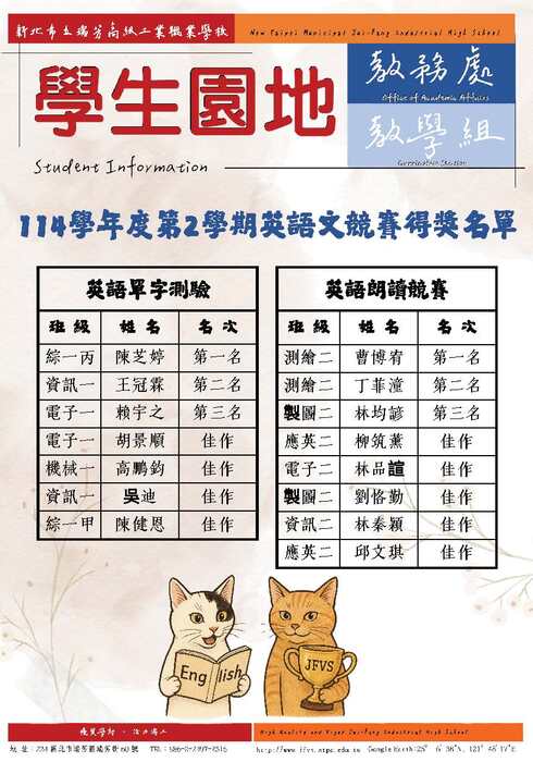 本校114學年度第2學期英語文競賽得獎名單