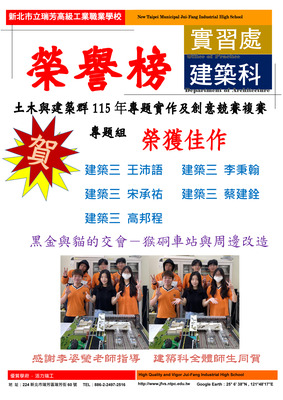 本校建築科參加全國土木建築群科專題及創意競賽榮獲專題組建築三黑金與貓的交會－猴硐車站與周邊改造榮獲佳作，感謝李姿瑩老師指導圖片