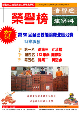 賀!建築科榮獲全國技能技能競賽北區賽第56屆砌磚職種第1、4、5名圖片