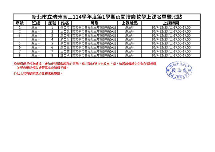 【開課通知】114學年度第1學期夜間增廣教學上課名單暨地點(教務處2025/10/03)圖片