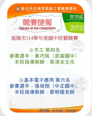 賀! 瑞芳高工指導參加114學年度基隆市國中技藝競賽成績亮眼圖片